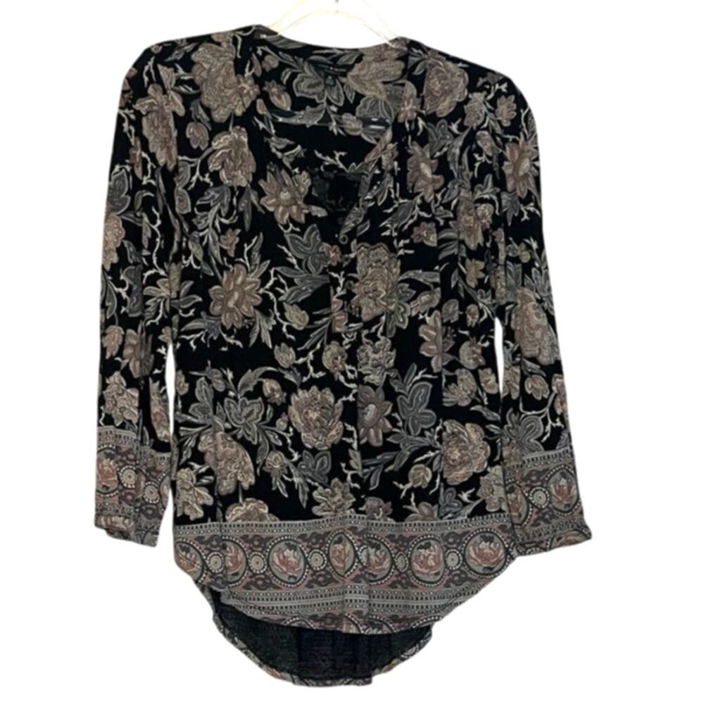 Lucky Boho Cottage Black Floral Flowy Vneck Top M